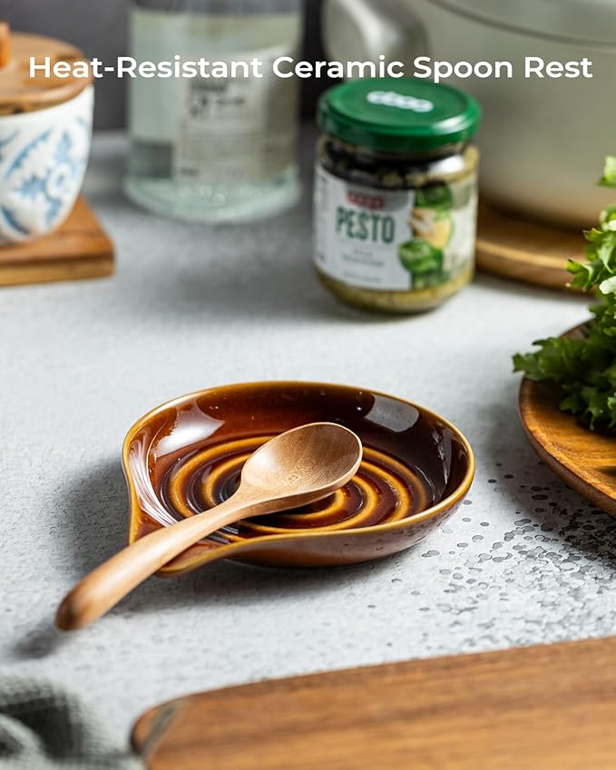 LAUCHUH Spoon Rest, 5 inches Large Ceramic Spoon Rest for Stove Top Cooking Spoon Holder for Kitchen Counter Spatula Holder for Tongs, Ladle, Fork, Heat-Resistant, Dark Brown