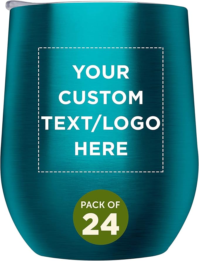 Custom Stemless Wine Glass Tumblers with Lids by Largo 11 oz. Set of 24, Personalized Bulk Pack - Perfect for Wine, Cocktails, Other Hot & Cold Beverages - Teal