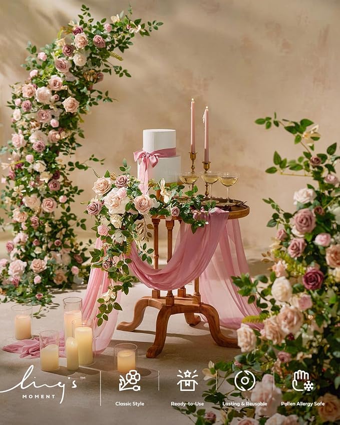 Ling's Moment 14Ft Dusty Rose Table Runner, Wedding Chiffon Table Runners | - Image 4