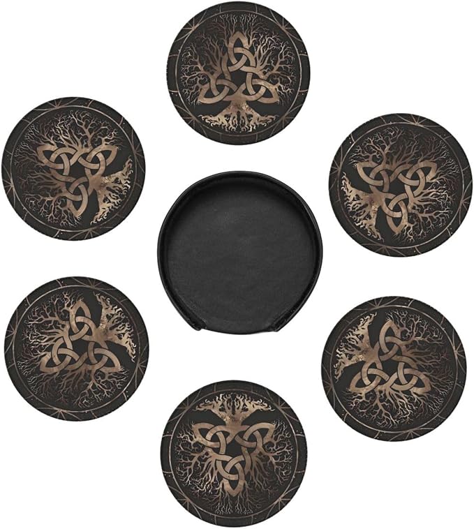 Drink Coasters with Holder Stand Set of 6, Tree of Life Copper Pu Leather - Image 5