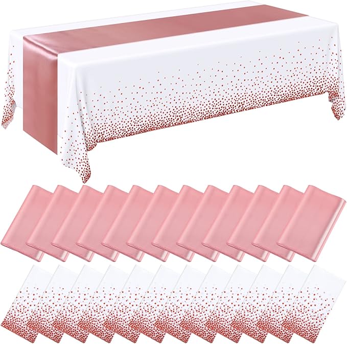 Breling 24 Packs White and Rose Gold Disposable Plastic Tablecloths and Satin Table Runner Set, 54 x 108 Inch Tablecloth, 12 x 108 Inch Table Runners for Wedding Graduation Birthday Baby Shower