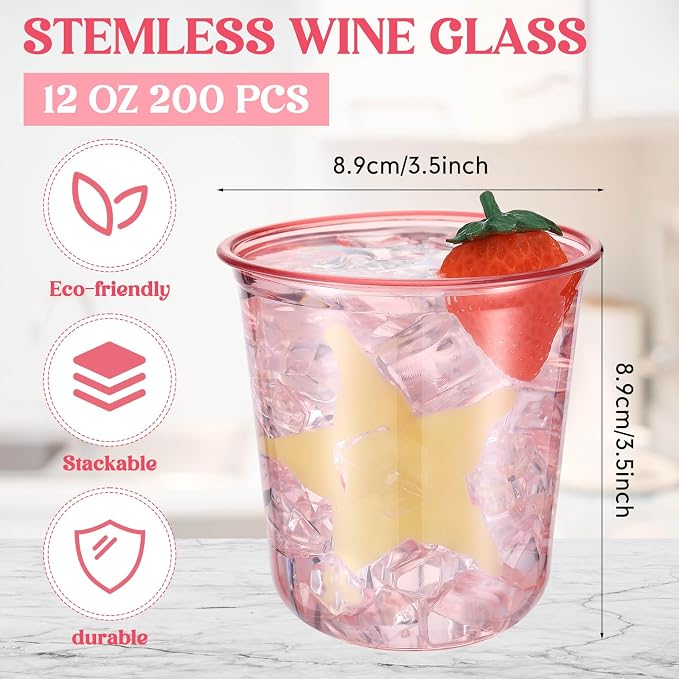 Ziliny 200 Pcs Disposable Stemless Glasses 12oz Crystal Plastic Wine Glasses - Image 3