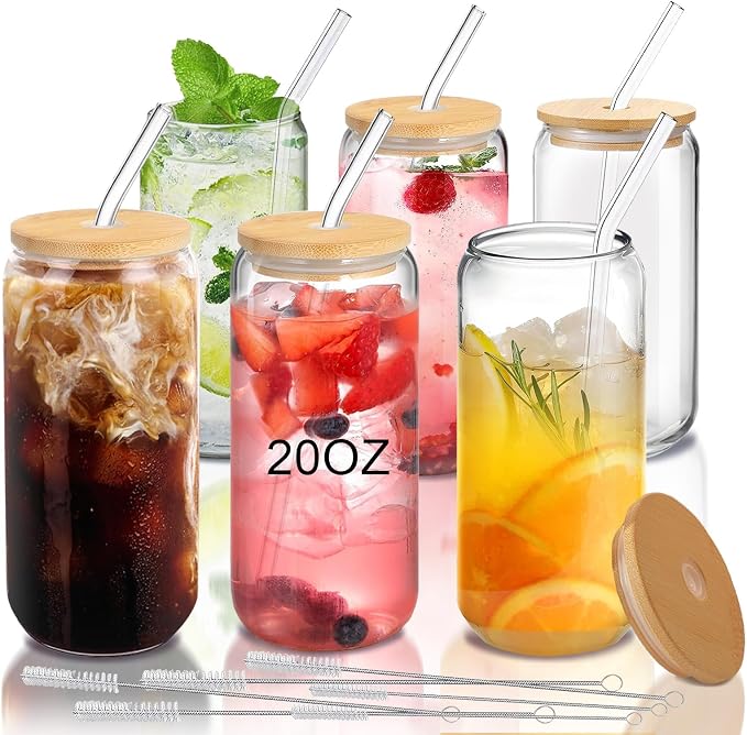 20oz Glass Cups with Lids and Straws Set of 6 – Large Iced Coffee Tumblers by DAMCONME