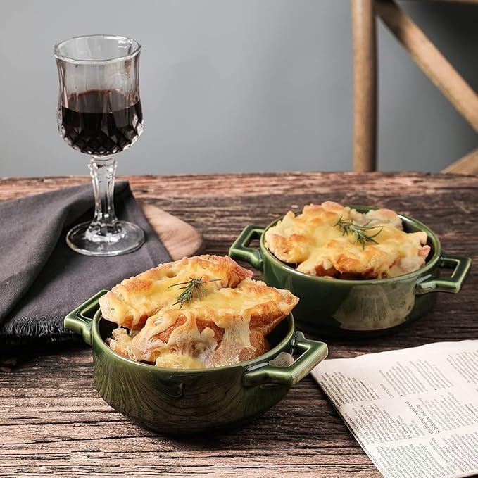 Vicrays Ceramic Soup Bowls with Handles, 24 Oz Porcelain Soup Crocks for French Onion Soup, Cereal, Beef Stew, Chill, Pasta, Pot Pies, Microwave and Oven Safe, Set of 4 (Green)