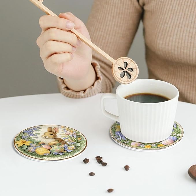 Easter Bunny Coasters for Drinks with Holder Round Leather Coasters Set of 6 Cups Mugs Mat Pad for Home Kitchen Bar