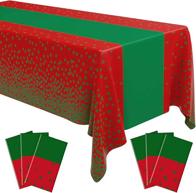 Oudain 6 Pcs Red and Green Tablecloth for Parties Plastic Dot Tablecloths Printed Table Runner Waterproof Disposable Rectangle Table Cover for Christmas Birthday Wedding Party, 54" x 108"