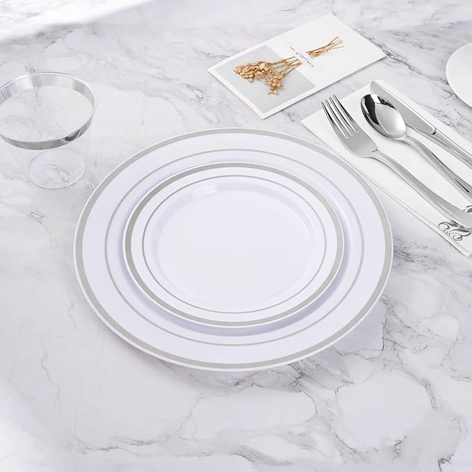 BESTVIP 100PCS 7 Inch Silver Plastic Dessert Plates, Disposable Plate with Silver Rim for Salad/Samll Cakes, Heavy Duty Plates for Party, Wedding and Birthday, Events, Christmas, Thanksgiving
