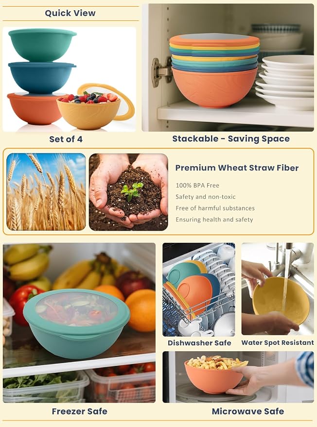 Wheat Straw Bowls with Lids Salad Bowl 40 OZ Unbreakable Cereal Bowls - Image 5