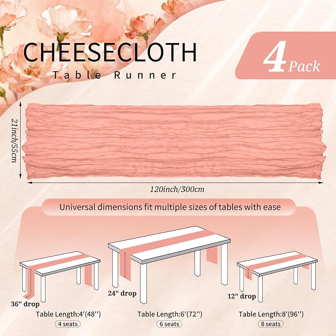 4 Pack Cheesecloth Table Runner 10FT Coral Table Runner Boho Gauze Cheese Cloth - Image 2