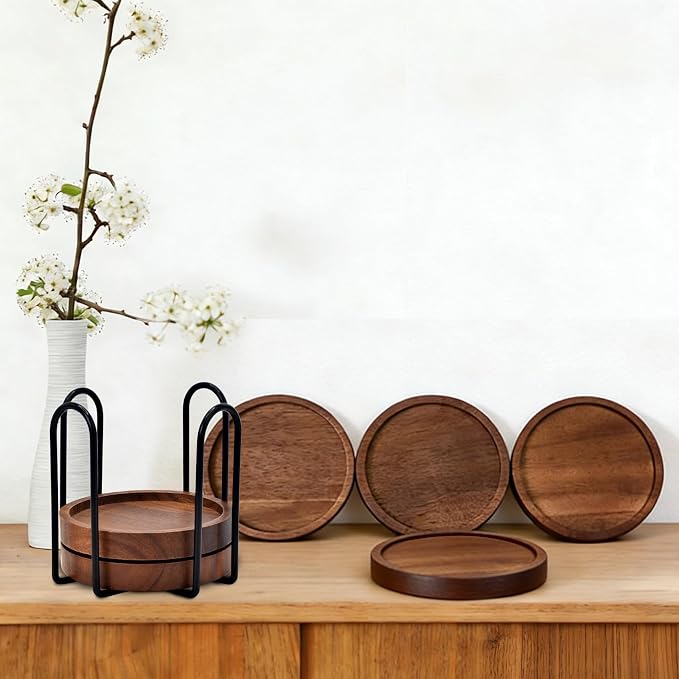 Wood Drink Coasters with Holder, Natural Absorbent Wooden Coasters - Image 7