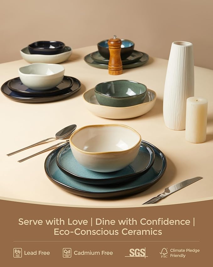 Ceramic Plates and Bowls Set, Everyday Dinnerware Set for 4, Wavy Rim Kitchen Dish Set, Chip Resistant Dishware Sets, Dishwasher Safe Dinner Set, Designed for Simple Meals, Yellow White