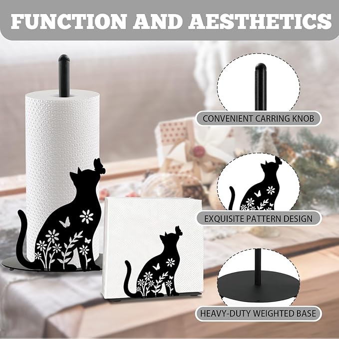 Cat Paper Towel Holder, Black Cat Countertop Kitchen Decor Indoor with Round Base, Cats Lover Gifts, Iron Kitty Napkin Holder Stand Accessories for Bathroom Kitchen Dining, 2 PCS