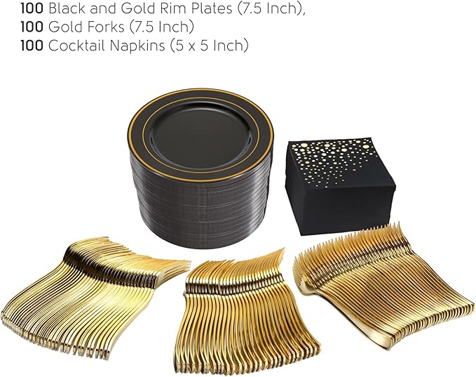 Stylish 7.5 Inch Gold and Black Cake Plates with Disposable Forks and Cocktail Napkins (100 Set of Each) - Small Appetizer Plates, Disposable Cake Plates or Salad Plate - Black Plastic Dessert Plates