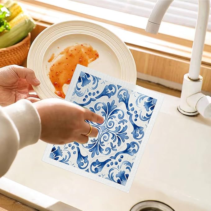 Swedish Dishcloths for Kitchen, Vintage Blue Floral Swedish DishCloths, Papaya Reusable Paper Towels Washable, 4 Pcs Dish Towels for Kitchen Party Home Housewarming Cleaning Cloths