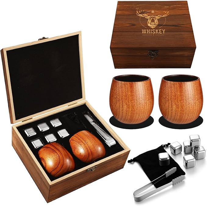 Charred Wooden Bourbon Drinking Glasses Set of 2 for Men 6 oz Whiskey Glasses 6 Ice Cubes Charred Bourbon Gifts for Dad Men Brother or Whiskey Lovers Birthday Holidays Supplies