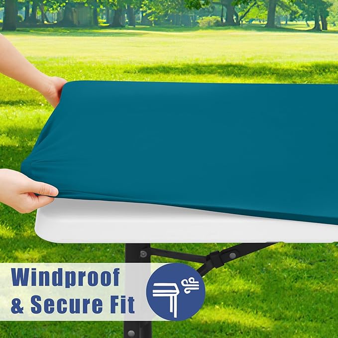 Spandex 4 Foot Rectangle Table Cloth 2 Pack, Elastic Fitted Tablecloths for Picnic, Stretch Washable Patio Table Cover for Outdoor, Camping, Banquet and Parties (Peacock Blue, 24"x48")