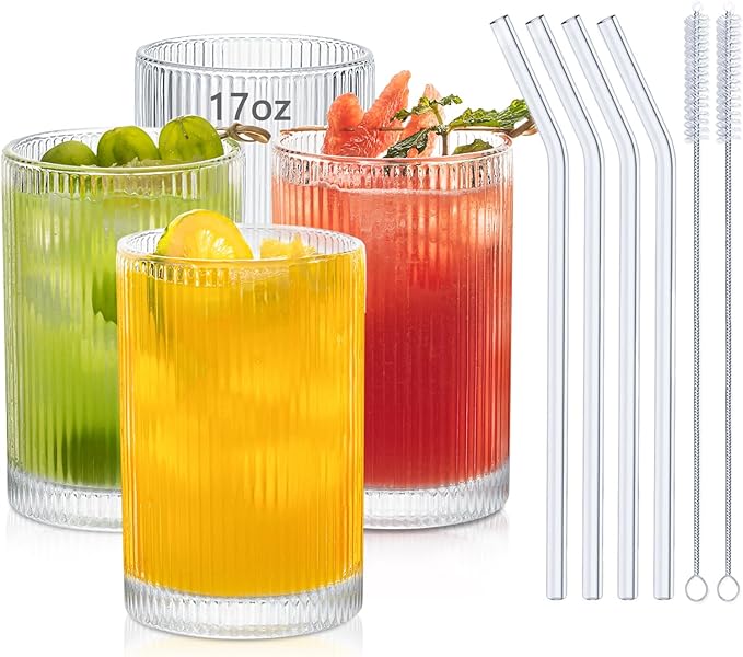 INSETLAN 17oz Ribbed Glassware Set of 4, Glass Cups Large Vintage Glassware Set, Origami Style Cocktail Glasses, Ideal for Beer, Juice, Water, Ice Coffee Cup, Whiskey
