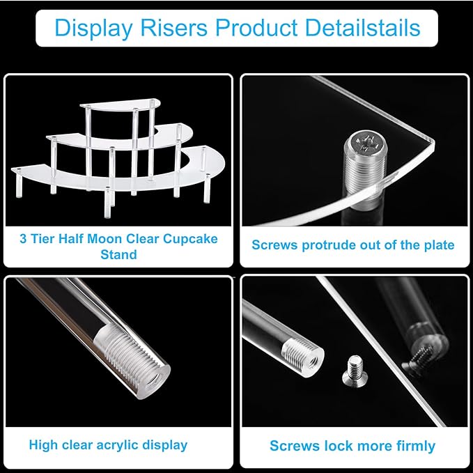 Acrylic Display Riser - 3 Tier Clear Cupcake Stand, Perfume Organizer, Half Moon Dessert Stand, Shelf for Food, Amiibo Funko POP Figure Display