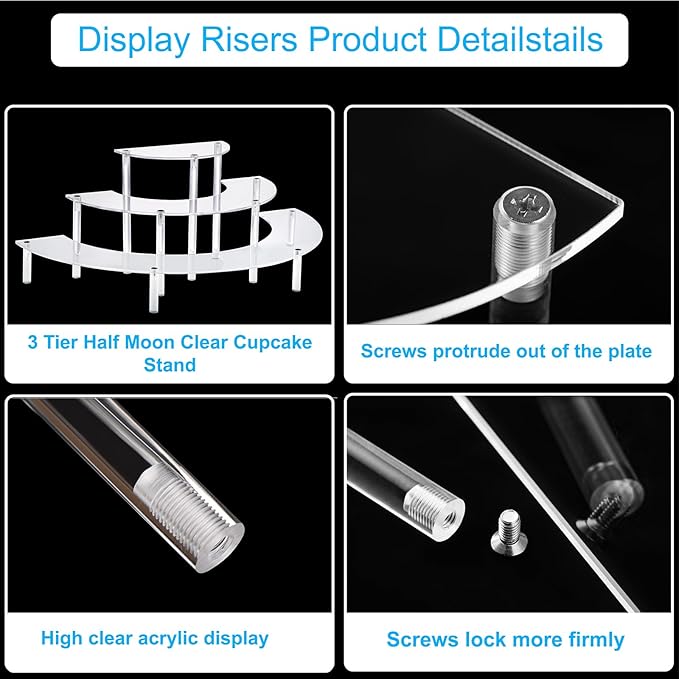 Acrylic Display Risers, 3 Tier Clear Cupcake Perfume Stand Organizer, Half Moon Dessert Stand for Display, Food, Amiibo Funko POP Figure (2half