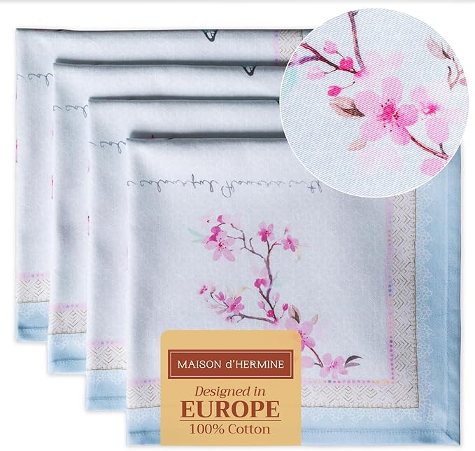 Maison d' Hermine Cloth Napkins Set of 4 100% Cotton Everyday Reusable Square Napkins Cloth Washable Dinner Wedding Restaurant Valentines Day Decorations Spring/Summer (Blossoms in Spring, 20" x 20")