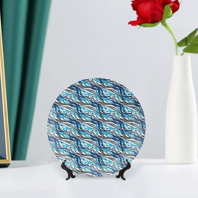 Ceramic Plates, Abstract Decorative Ceramic Plates, Modern Art Stripes Swirls Waves Trippy, 10 Inch, Household Plates Decorative, Grey Blue White