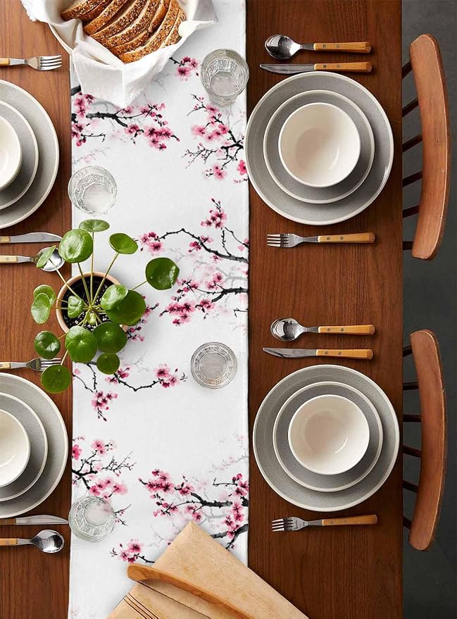 Pink Cherry Flowers Short Table Runners 48 Inches, Cotton Linen Fabric Table - Image 5