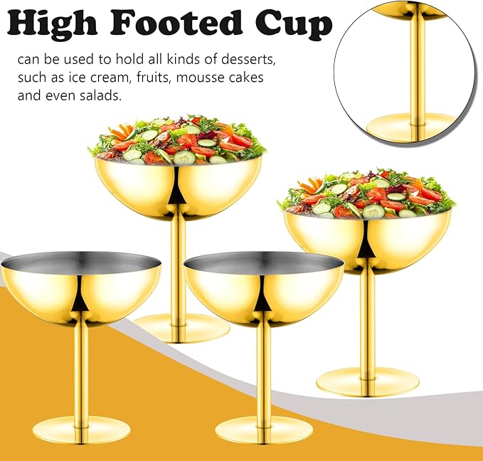 Ice Cream Bowls Stainless Steel Dessert Cups with Spoons Reusable Footed Sundae Cups Ice Cream Cups for Dessert, Frozen Yogurt, Gelato, Birthday Party Decorations (4, Glod)