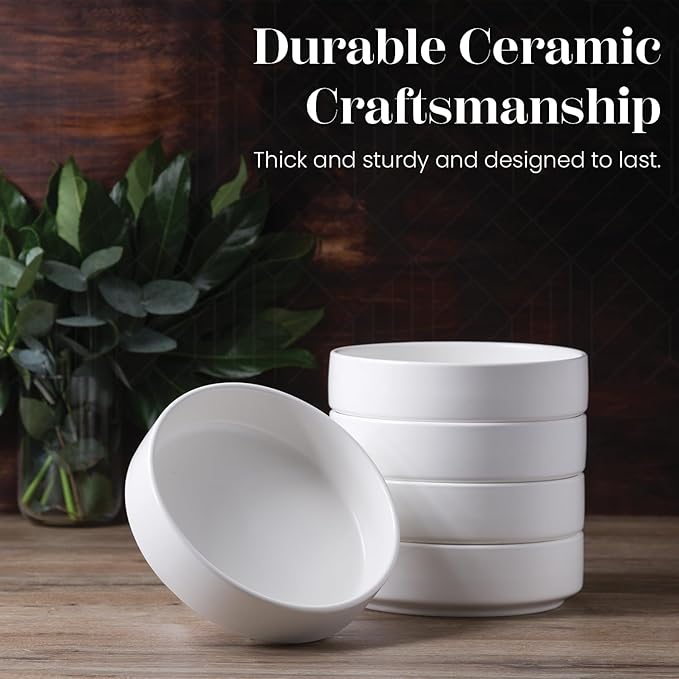 Vikko Modern Salad Bowls, Set of 6 Matte White Porcelain Bowls, Stackable 50 oz Elegant Restaurant Style Salad Bowl Set, Microwave and Dishwasher Safe