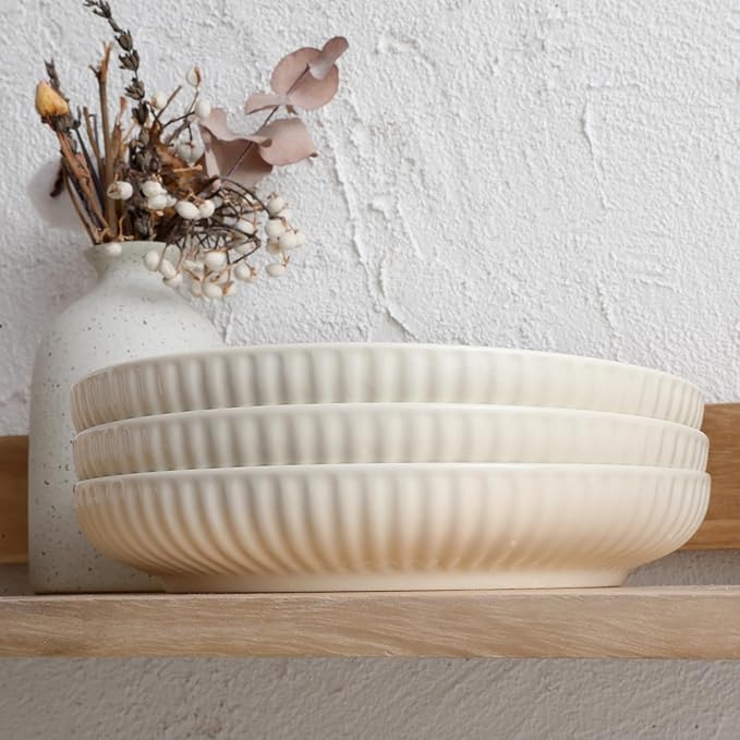 Ceramic Pasta Bowls Set of 4-28oz, Serving Salad, Soup Bowls For Kitchen Shallow Dishes Dinner Bowl, Microwave & Dishwasher Safe- Elegant Cream Color, 8.3in