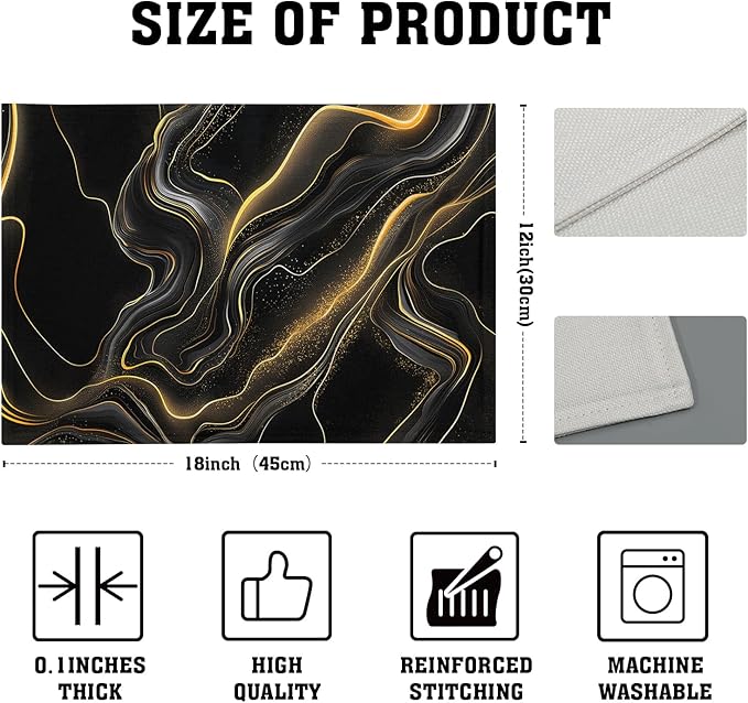 Black and Gold Placemats - Marble Place Mats Set of 4 Modern Placemats 12x18 for Dining Kitchen Farmhouse