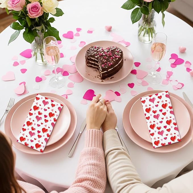 Valentine' s Day Paper Napkins - 100 Pcs Red Heart Decorative Dinner Napkin Sets Disposable, Cocktail Luncheon Party Decorations Supplies for Guest Engagement Anniversary Wedding 7.9 x 4.3 In