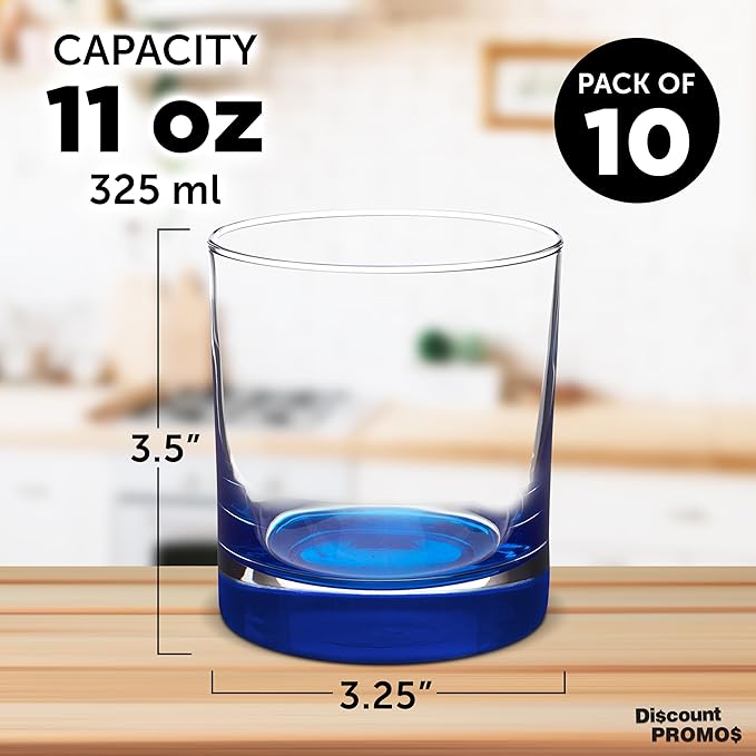 Whiskey Glasses by Libbey 10 oz. Set of 10, Bulk Pack - Heavy Base Old Fashioned Glass, Perfect for Scotch, Bourbon, Whiskey, Cocktail - Blue