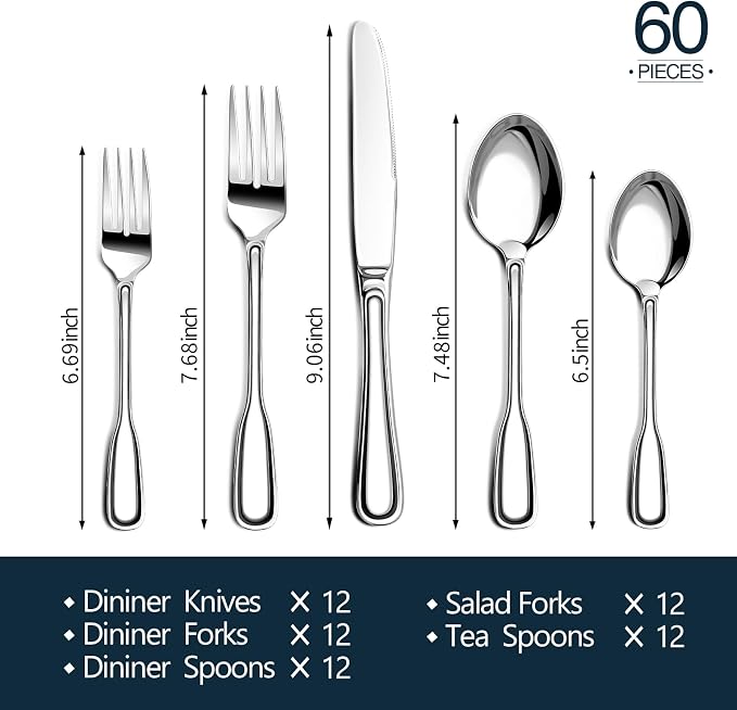 Silverware Set for 12, 60 Piece Boston Style Stainless Steel Flatware Set | - Image 6