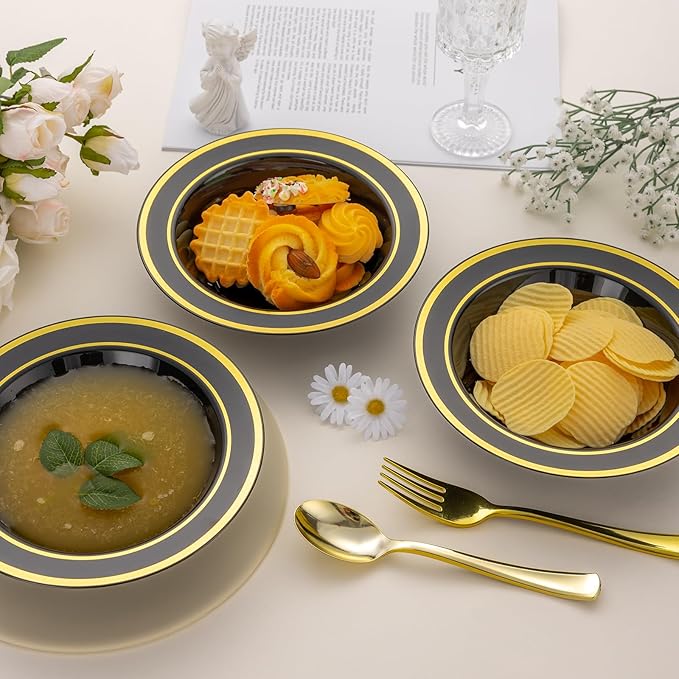 100 Pack Black Disposable Soup Bowls with Gold Rim,12oz Disposable Soup Bowls,Disposable Soup Dessert Salad Bowls for Wedding/Party/Catered Events