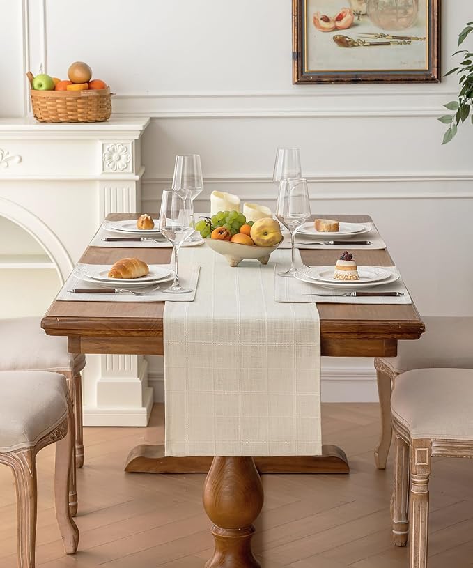 Linen Textured Table Runner, Ivory Table Runners 108 Inches Long | Raised Grid - Image 2