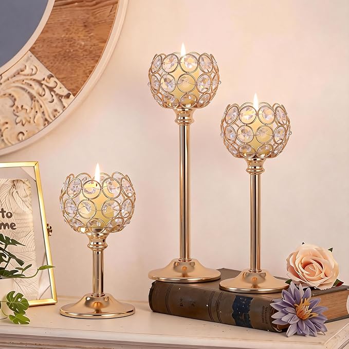 Crystal Candle Holders 2 Set of 6 - Gold Vintage Hollow Ball Candle Stand for Table Centerpiece, Crystal Metal Tealight Candlestick for Wedding, Dining Room Decor