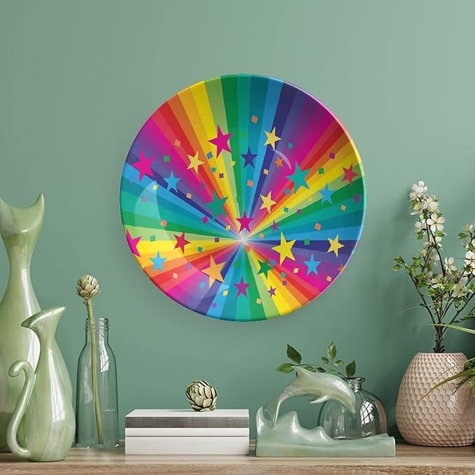 Ceramic Display Plate, Abstract Decor Ceramic Hanging Decorative Plate, Abstract Rainbow and Stars Confetti Rays Striped, 7 Inch, Living Room Kitchen Decoration Household, Multy