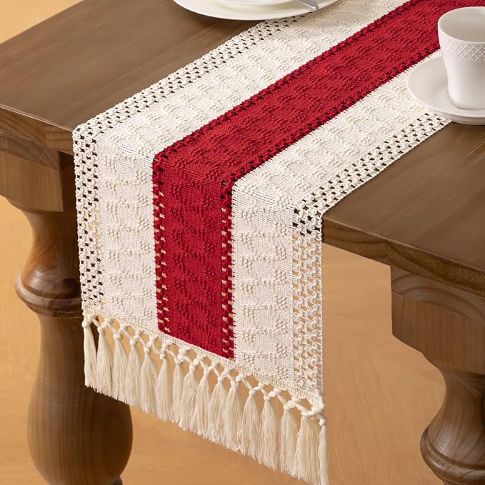 MLMW Boho Ivory Red Table Runner Farmhouse Burlap Small Table Runner Dresser - Image 2