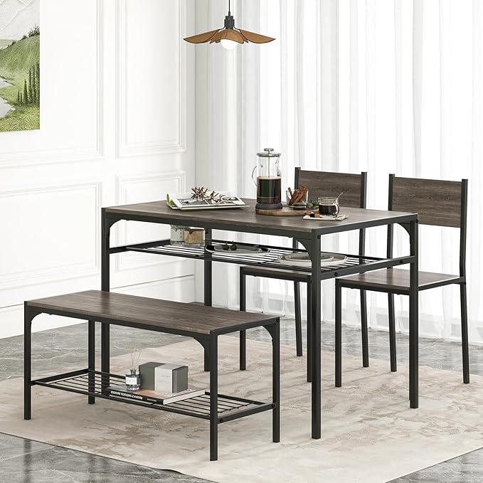 NAFORT Kitchen Table Set for 4, Space-Saving 4-Piece Dining Table Set with Bench and 2 Chairs, Industrial Rectangular Dining Room Set with Storage Shelves for Apartment, Kitchen&Dining, Restaurant