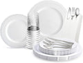 " OCCASIONS " 200pcs set (25 Guests)-Extra Heavyweight Vintage Wedding Disposable/Reusable Plastic Plates (25 x 11'' + 25 x 8.25'')+Silverware+12oz Cups+Napkins (Chateau Collection White)