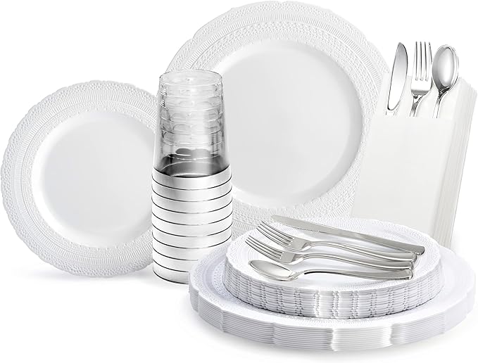 " OCCASIONS " 200pcs set (25 Guests)-Extra Heavyweight Vintage Wedding Disposable/Reusable Plastic Plates (25 x 11'' + 25 x 8.25'')+Silverware+12oz Cups+Napkins (Chateau Collection White)