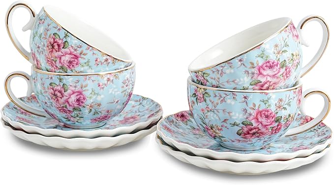 Agyiuns Tea Cup and Saucers, 6.4oz Floral Tea Cups by Agyiuns