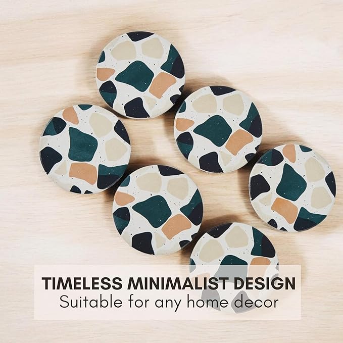 Terrazzo Coasters Set of 6, Ceramic Absorbent Drink Coasters, Cute Moisture Absorbing Coaster, Coffee Table Desk Decor, Colorful Stone Coaster for Drinks (Midnight)