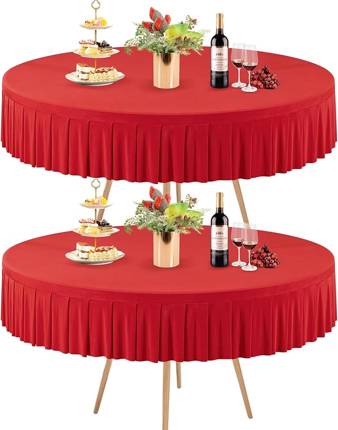 2 Pack Red Spandex Round Tablecloths for 60 inch Table - Stretchy Fitted 5FT Table Cloths with Skirt - Wrinkle Free for Wedding Party Dining Banquet