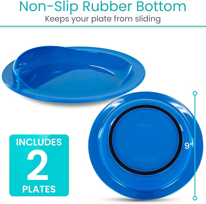Vive Spill-Proof Scoop Plate, 9" (2 Pack) - Dish with Wall for Disabled, Handicapped, Elderly Adults with Special Needs from Parkinsons, Dementia, Stroke, Tremors with - Non Skid Padded Bottom