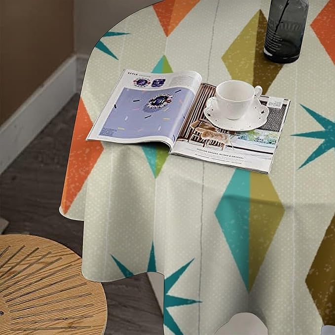 Mid Century Round Tablecloth, Modern Colorful Abstract Geometric Retro Art Printed Tablecloth for Home Party Dining Room Kitchen Decor 70Inch(178cm)