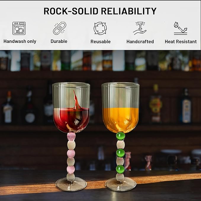 Gusto Buono 10.1oz Stemmed Wine Glass Set of 4 – Pink/White & Green/White Stem Handmade Glasses | Heat-Resistant, Dishwasher & Microwave Safe, Perfect for White & Red Wine, Dining, Parties, & Gifts