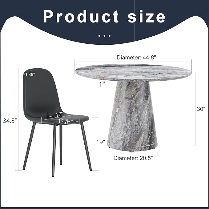 Round Dining Table Set for 6, 45" Modern Faux Marble Kitchen Table and Upholstered Chairs, 7 Piece Circle Dinner Set for Dining Room, Kitchen (Marble Gray Set)