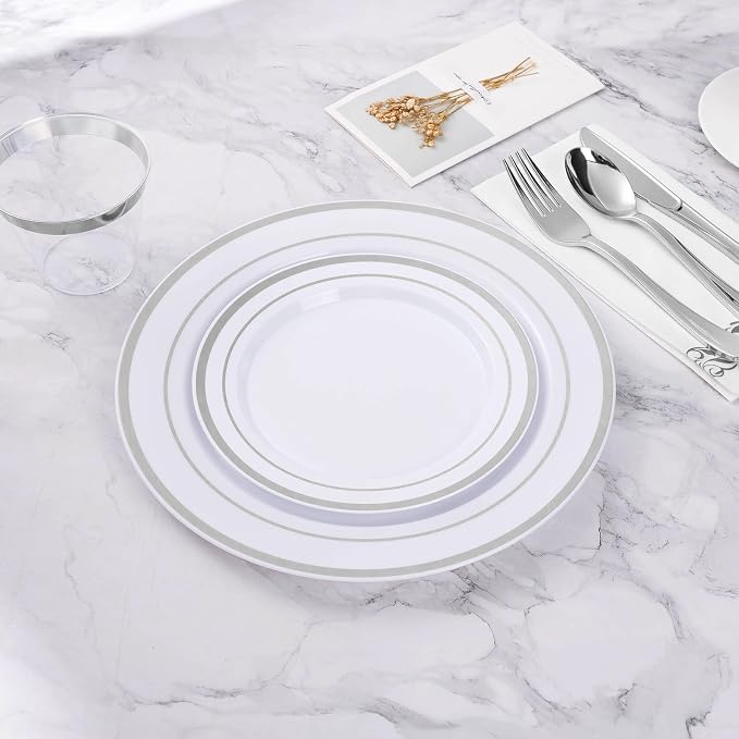 BESTVIP 50Pcs Silver Plastic Plates, 10.25 Inch Disposable Party Plates | Heavy - Image 6