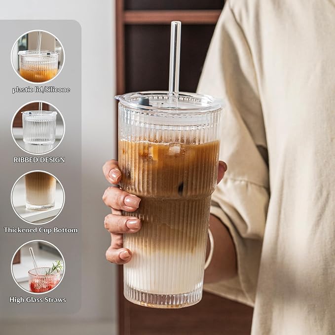 INSETLAN 6-Piece Glassware Set – 20 oz Ribbed Glass Tumblers - Image 5